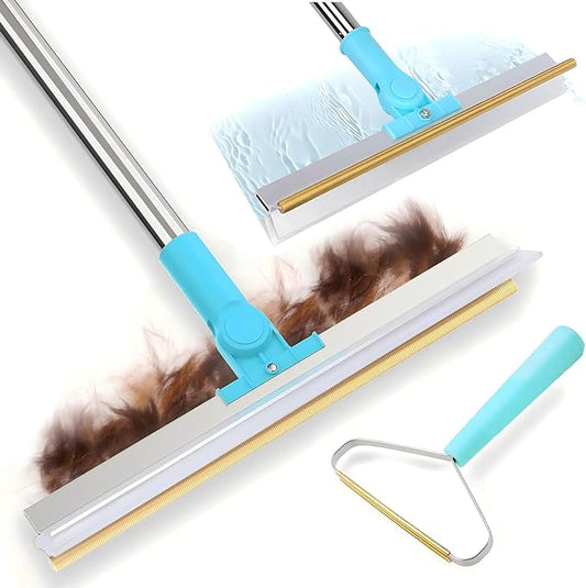 Pet Hair Removal Carpet Rake, 2-in-1 Pet Hair Removal Tool with Water Brush, Adjustable Handle, Dog and Cat Brush and Scraper, Suitable for Carpets, Floor Mats, Sofas, Furniture and Car Interiors