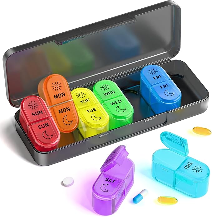 𝐏𝐢𝐥𝐥 𝐎𝐫𝐠𝐚𝐧𝐢𝐳𝐞𝐫, Am & Pm Pill Organizer 7 Days, Weekly Pill Organinzer 2 Times a Day, Pill Box 7 Day, Medicine Pill Organizer for Travel, Vitamins, Fish Oils, Supplements