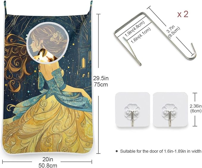 1PC Hanging Laundry Hamper Bag Over the Door Laundry Hamper Wall Hamper Large Dirty Clothes Hamper with Stainless Steel Hooks 29.5x20Inch Princess Beautiful Yellow