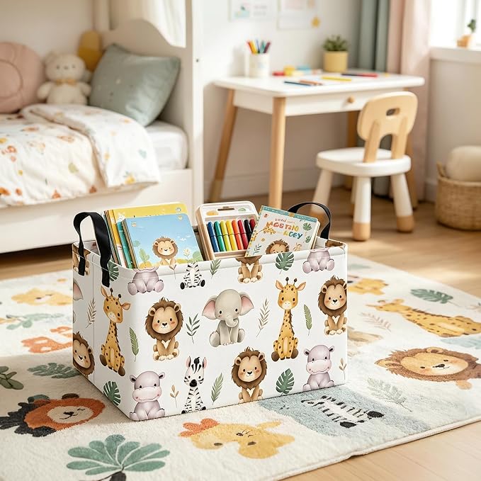 Rectangle Foldable Storage Basket Handles For Home, Cute animal | Waterproof canvas material, reinforced handles, perfect for shelf use, organizes clothes, daily items and pet supplies