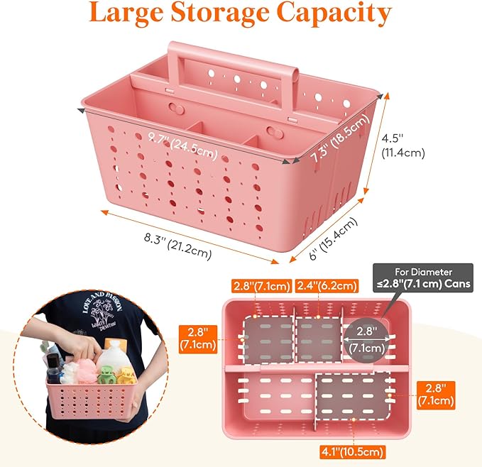 Lifewit Portable Shower Caddy, Plastic Basket Organizer, Pink, 3 Pack | Adjustable Dividers, Drain Design, College Dorm Room Essentials with Handle, for Bathroom