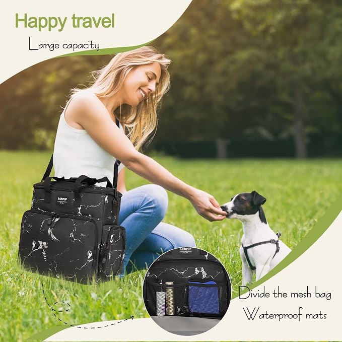 LARIPOP Dog Travel Bag Airline Friendly for Small Medium Large Dogs, Pet Travel Organizer with Collapsible Bowls Food Containers Mat, Waterproof Portable Tote for Dog Outdoor Travel