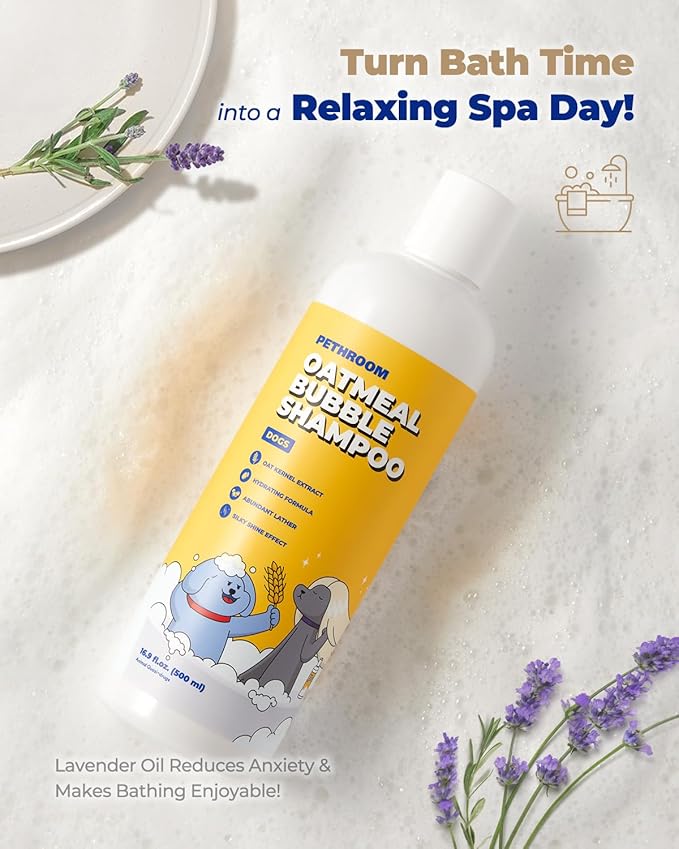 PETHROOM Premium Oatmeal Dog Shampoo for Itchy Sensitive Skin, Hypoallergenic with Oat, Hemp, Lavender & Milk Protein for Dry Skin Treatment and Allergy Relief, 16.9 oz