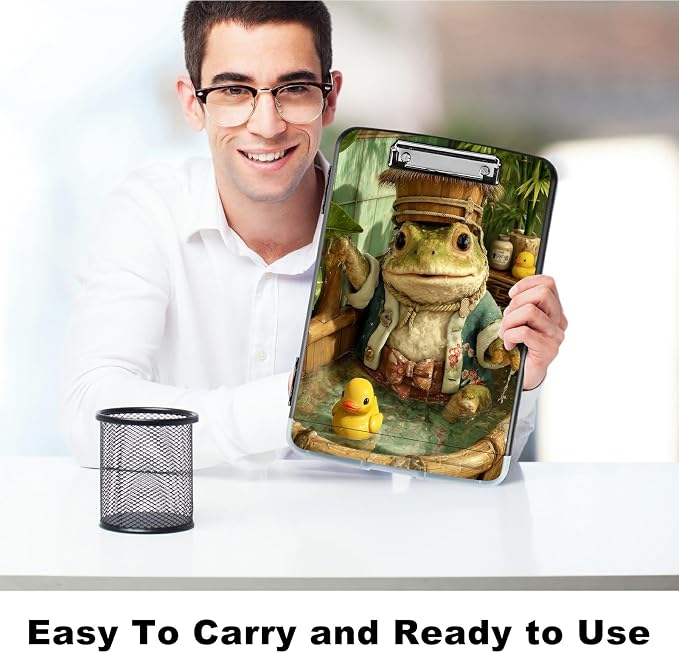 A4 Clipboard with Storage Pen Holder, Clipboards Organizer Nursing Clipboard Foldable File Folder Plastic Clipboard Folio Clip Board for Office Work Classroom Doctor, Bathing Frog