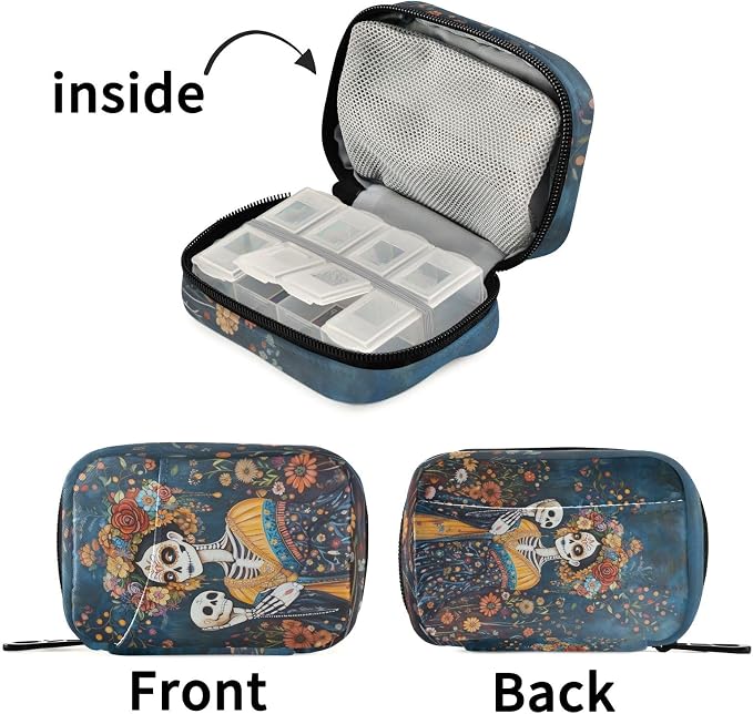 Fustylead Painting of Calavera Woman with Flower Pill Organizer Travel Bag, Small Portable Pill Case Cute for Vitamin Fish Oil Supplements Medicine Organizer with Zipper