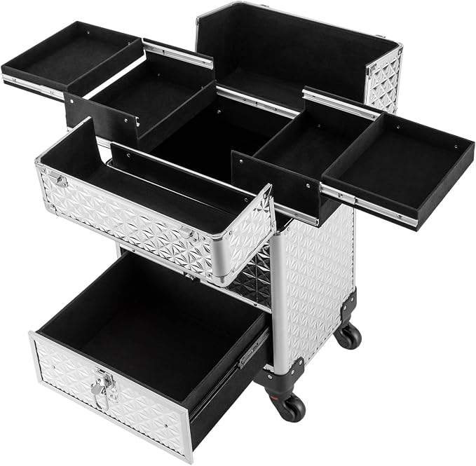 Rolling Makeup Train Case with Drawers, Cosmetic Travel Trolley, Storage Sliding Drawer 4 Tray Cosmetics Beauty Organizer Lockable Luggage Trolley (Silver)