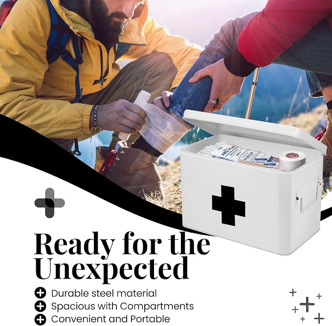 Flexzion Large Metal First Aid Box Empty, 13-Inch, White with Black Cross | Vintage Medicine Box and First Aid Storage Organizer with Removable Tray and Dividers; Empty Box Only, Supplies Not Included
