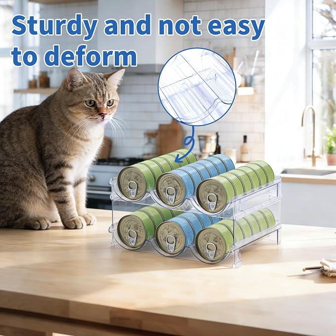Cat Can Storage Organizer for Pantry, High Clear Acrylic Dog Canned Food Storage Rack 2 Tier Stackable Shelf for Pet Cans Dispenser with Can Cover Lid and Spoon