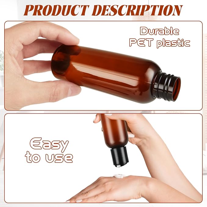 50 Pack 4oz Amber Empty Bottle Plastic Squeeze Bottles with Disc Top Flip Cap, Leakproof Refillable Travel Containers for Lotions Shampoo, Body Wash, Crafts and Toiletries