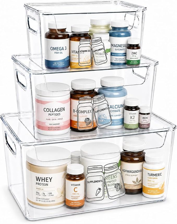 3 Pieces Supplement Bottle Organizer, Clear Plastic Vitamin Organizer with Lid and Handle, Stackable Pill Bottle Organizer, First Aid Box Empty for Vitamin, Medicine, Fish Oil & Supplements