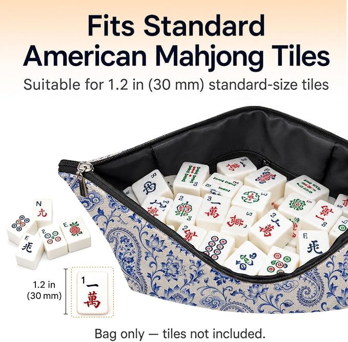 Boho Blue Paisley Empty Mahjong Tile Bag 13x7.8 Inch | Preppy Floral Printed Portable Travel Case Organizer Zipper Pouch for American Mahjong Tiles Game Night Accessories and Gifts