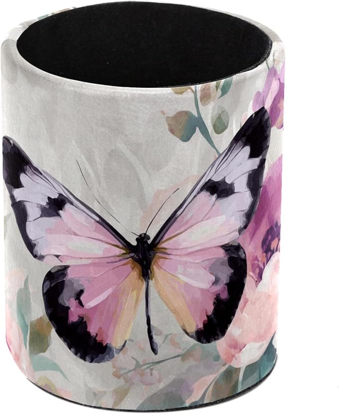 Faux Leather Pen Holder for Desk, Pencil Organizer Butterfly Pen Cup Desk Decor Makeup Brush Holder Storage for Office Home