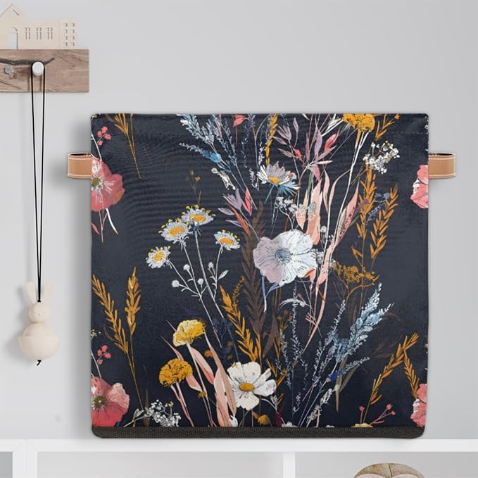 Wildflower Plant Cube Storage Bin, 13 Inch Collapsible Fabric Storage Cubes Bin, Flower Floral Foldable Cube Baskets for Shelf, Closet, Organizer