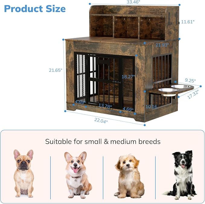 Petrova 33" Dog Crate Furniture with Storage Shelf & 2 Stainless Steel Bowls, Heavy Duty Indoor Dog Kennel for Medium/Small Dogs, Wooden Dog Cage with 4 Hooks, LED Light, Walnut Brown