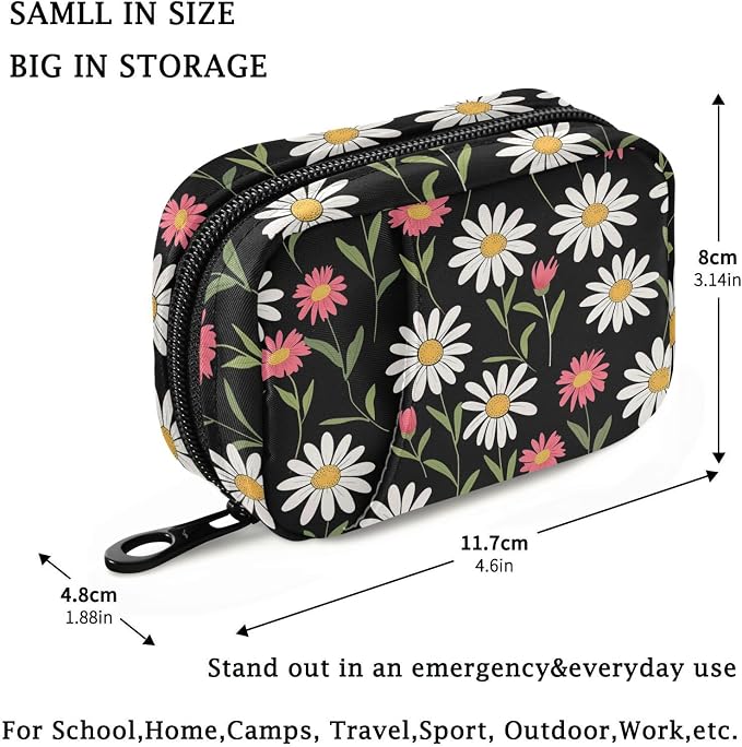 Fustylead White and Pink Cute Daisy Flowers Pill Organizer for Purse, Weekly Portable Pill Box with Zipper to Storage Vitamins Fish Oils Medications Supplements
