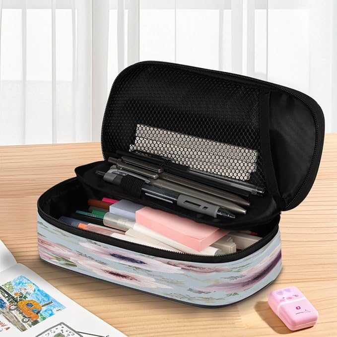 Pencil Case Pouch, Watercolor Light Blue Pink Flower Large Pen Bag with Zipper, Portable Zipper Pencil Pouch Organizer for Student Teen Girls Boys