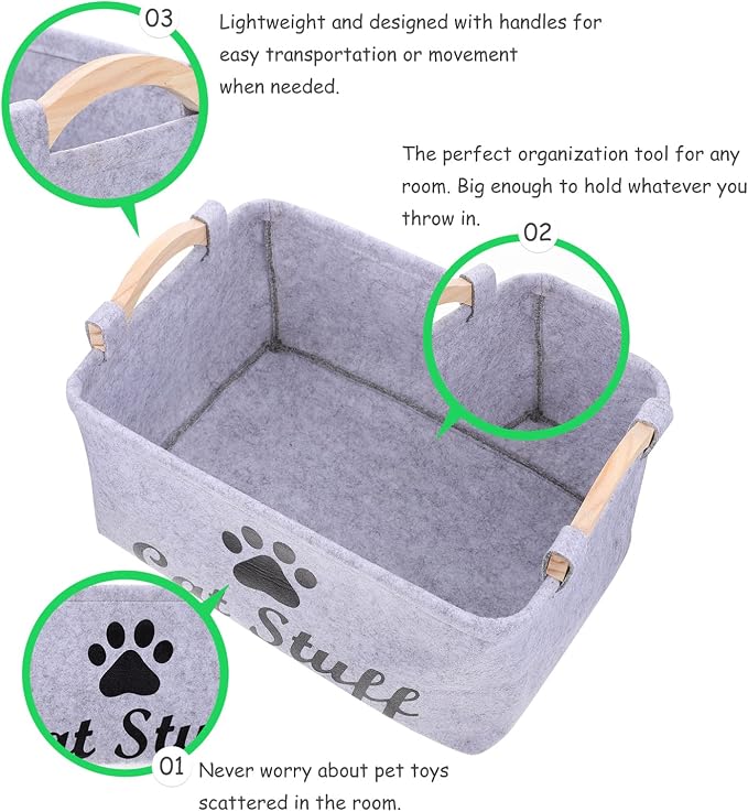 balacoo Cat Toy Storage Bin Fabric Pet Accessory Organizer Felt Basket Chest Organizer Container with Wooden Handle for Dog Rope Toys Blankets Leashes Clothing Grey