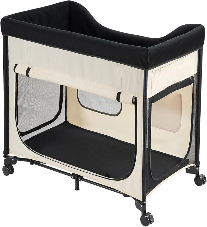 VEVOR Bedside Lounge Pet Bed, Foldable Bunk Dog Bed with 600D Oxford Cloth and Dutch Velvet, Portable Raised Cot with Wheels, Side Storage Bags, and Carry Bag for Cats & Dogs, L, Beige