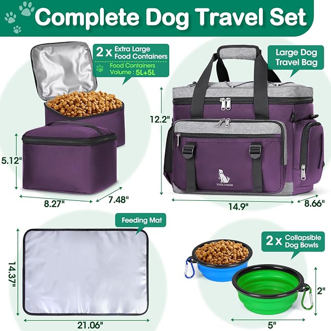 IGOLUMON Dog Travel Bag Large Waterproof Pet Travel Bags Set for Supplies | Weekend Travel Kit Tote Organizer Multi-Pocket Food Travel Bag with 2 Extra Large Food Containers, 2 Dog Bowls, 1 Feeding Mat
