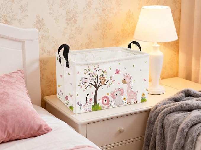 Essme Rectangular Animal Baskets,Pink Storage Basket with Handles for Room Decor,Cute Storage Bin（Pink animal）