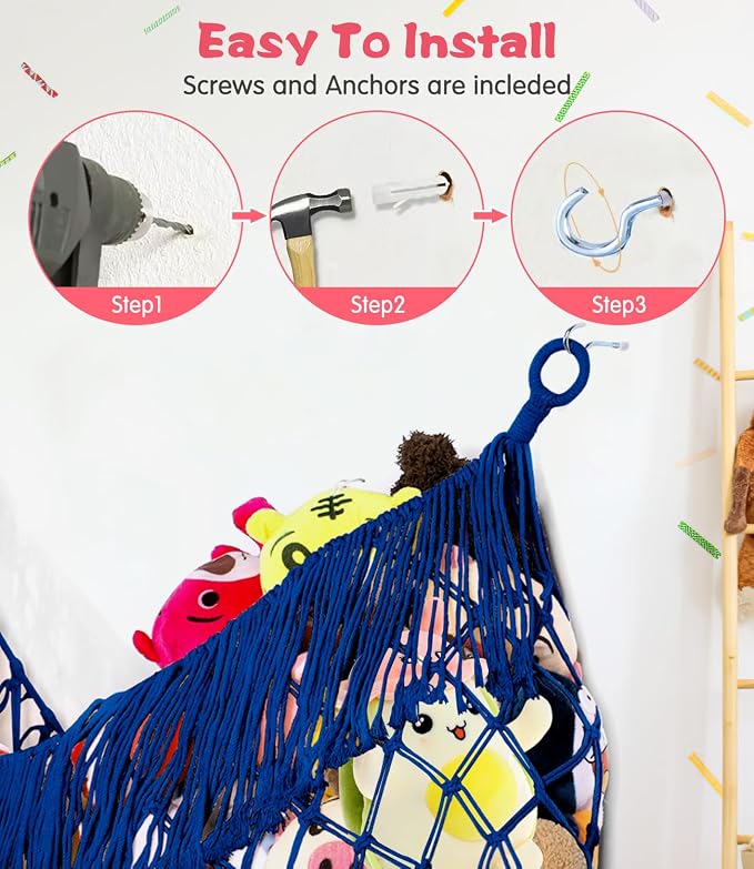 Stuffed Animal Hammock - Extra Large 63'' Long (Sapphire blue) | Premium Cotton Hand-knitted, Beautiful Long Tassel, Storage Hanging Organizer, Can Fit Stuffed Animals 40 Piece or More