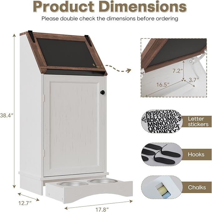 Flip-Top Dog Feeding Station, Dog Food Cabinet with Storage, Dog Food Station with Hidden Feeding Fowls, Pet Storage Cabinet, Pet Food Holder, White Oak Grain