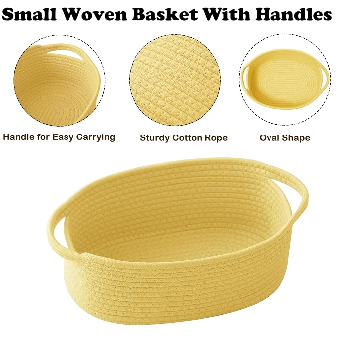 Woven Rope Basket - Baby Gift Basket with Bag & Ribbon, Yellow | Cotton rope with handle, 12 x 8 x 5 in, gift bag and ribbon, for baby shower, birthday, toy storage, nursery, shelf decor