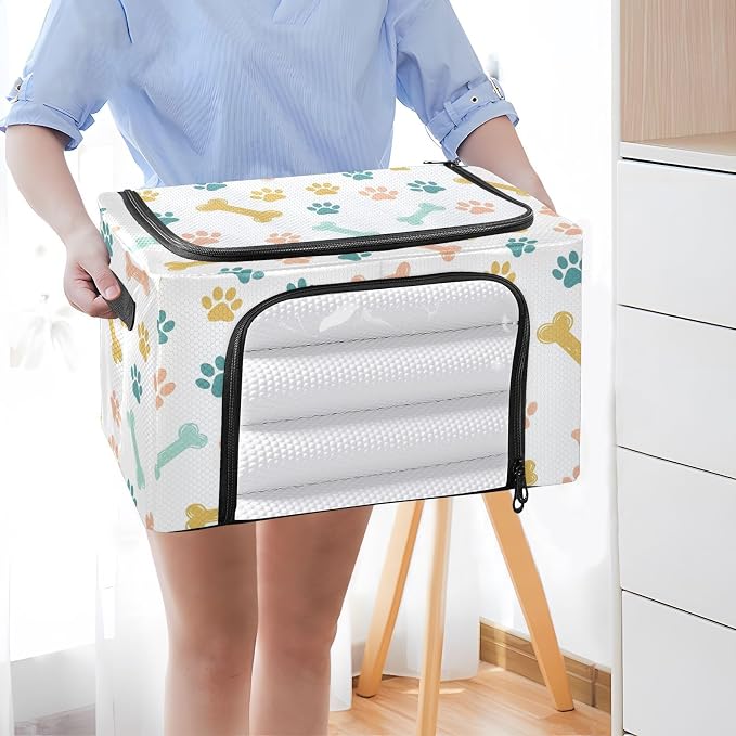 Pet Paw White print Under Bed Storage Containers with Double Zipper Openings, Foldable Clothes Storage Bins with Clear Window and Handles for Comforters Bedding Blankets