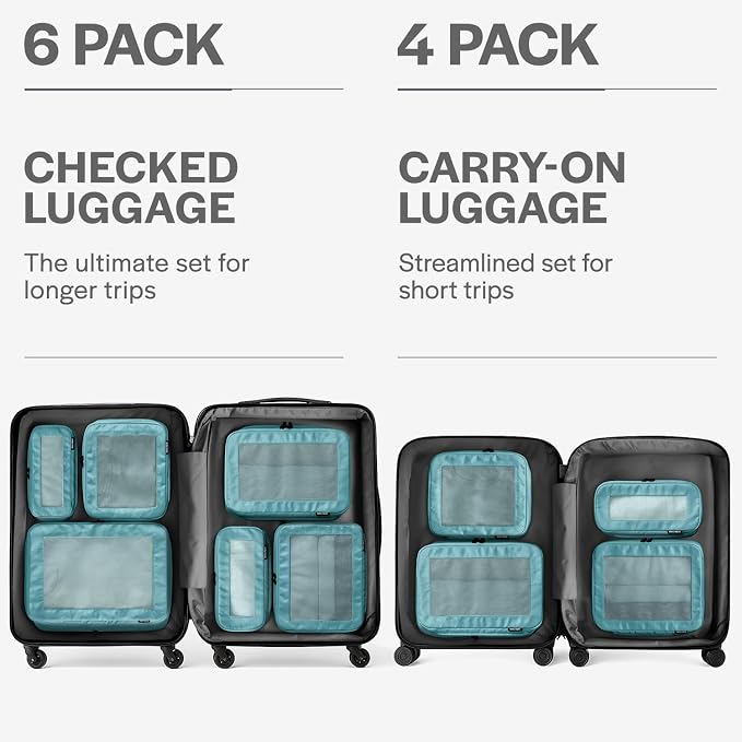Compression Packing Cubes for Travel, 6-Pack, Teal | Solves overpacking, 6-Piece set fits most suitcases, 50% Space savings, Compression luggage organizer bags