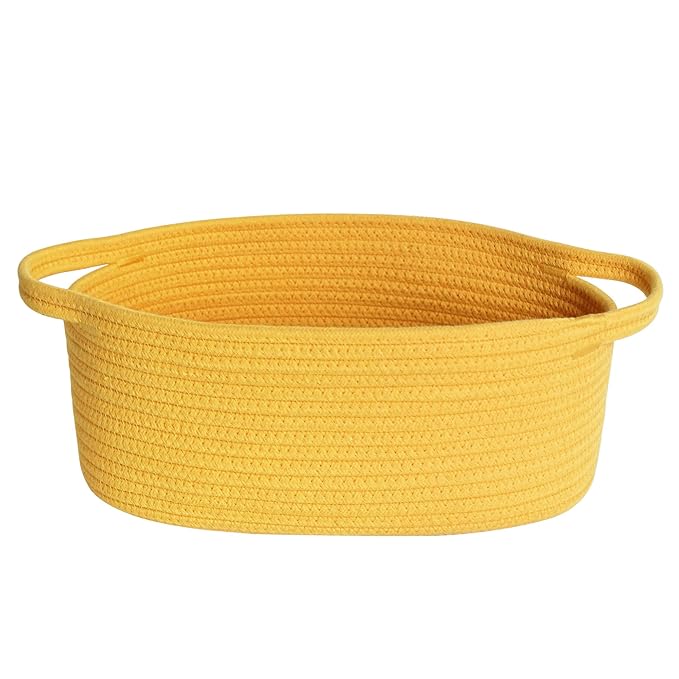 Small Yellow Woven Basket, 13"x 9"x 5" Gift Basket Empty, Cotton Rope Kids Dog Cat Toy Bin Box, Cute Baby Nursery Easter Organizer, Decorative Storage with Handle, Yellow Room Decor