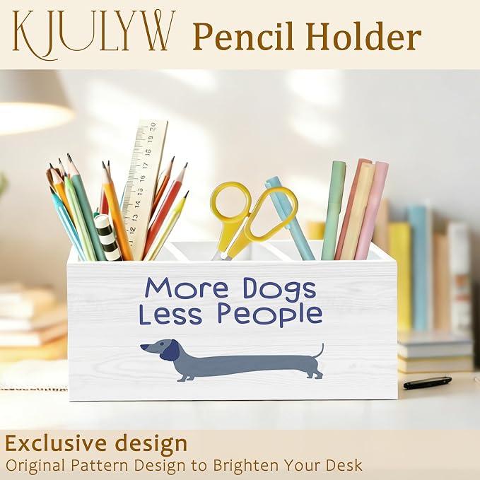 Funny Dachshund Pen Holder for Desk, Weiner Dog Gifts for Women Men, More Dogs Less People Wooden Box Pencil Pen Holder Organizer for Home Office Desk Accessories