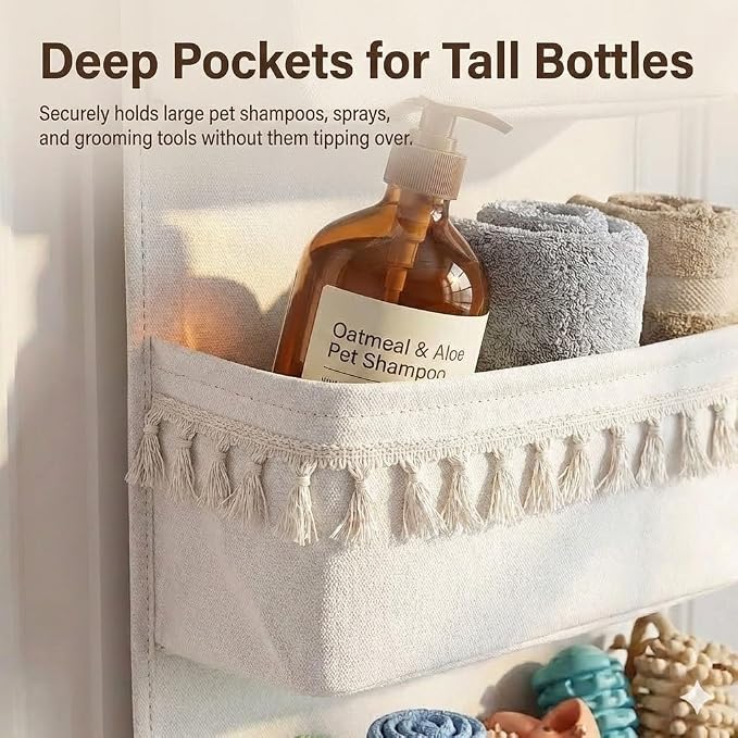 Over The Door Organizer, Pet Supplies Hanging Storage Rack, Beige | Boho Canvas 5-Tier Pocket With Tassels. Features PE Front, Wipeable Bottom & 44lbs Capacity. Ideal For Bathroom & Nursery.