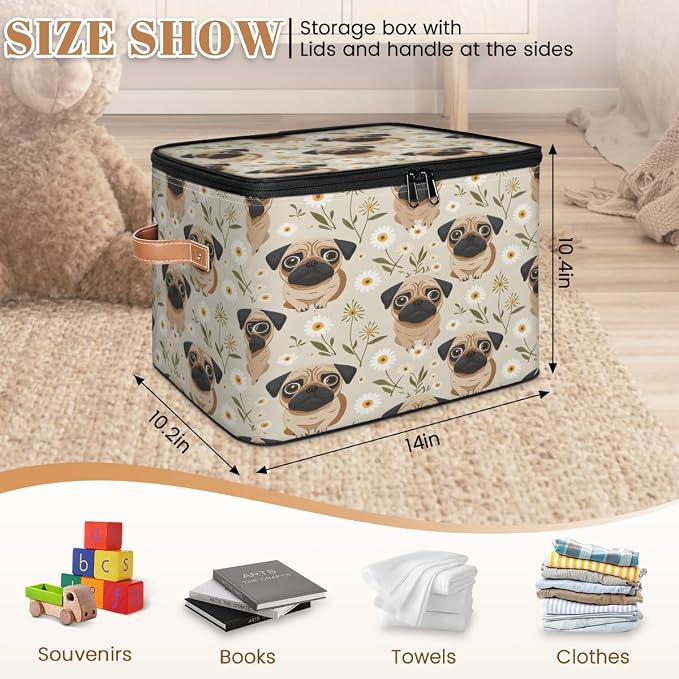 Cute Pug Dog Storage Box with Zipper Lid