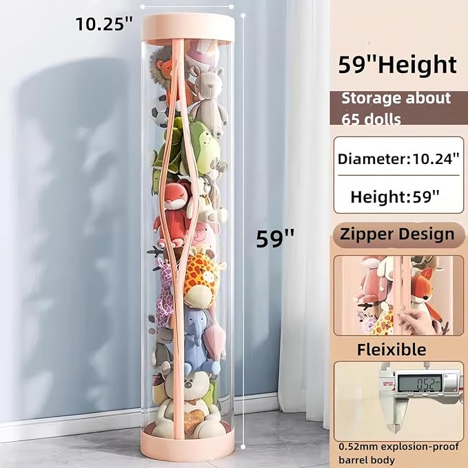 Upgraded Stuffed Animal Storage Tube,Tall (150cm) Plush Organizer with 4 Wheels, PET Clear Bucket & Double Zipper, Space-Saving Toy Storage for Kids Room, Tidy Zoo Bin for Stuffed Animals (Pink)