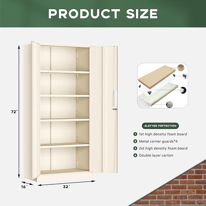 Greenvelly Metal Storage Cabinet, 72" Locking Metal Garage Storage Cabinet with Doors and 4 Adjustable Shelves, Lockable Steel Cabinet for Home Office, Garage, Shop, School (Grey 32" W x 16" D)