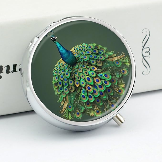 3 Compartment Medicine Pill Case, Peacock with Tassels Round Pill Box, Portable Decorative Medicine Organizer for Pocket Or Purse Vitamin Organize