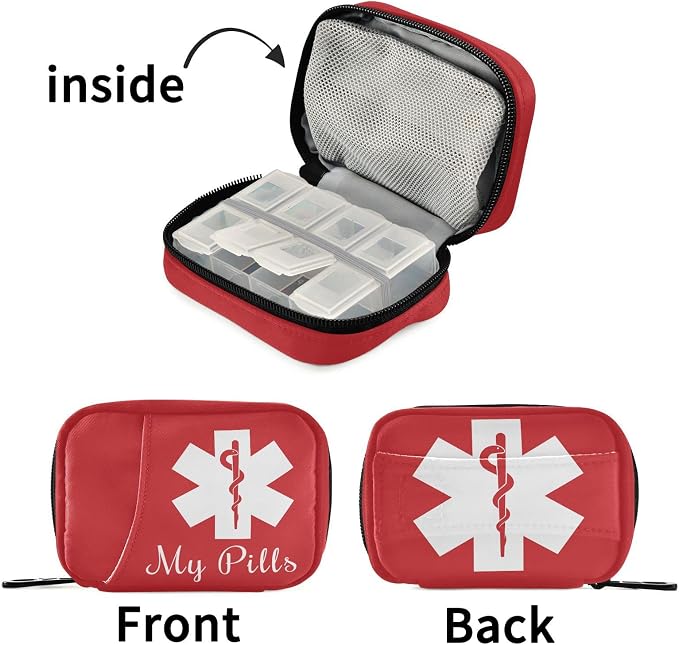 Pill Organizer Medical Sign Pill Box 7 Day Pill Case Bag Travel Pill Organizer Bag with Zipper Portable Weekly Case Compact Size for Vitamin Supplement Holder