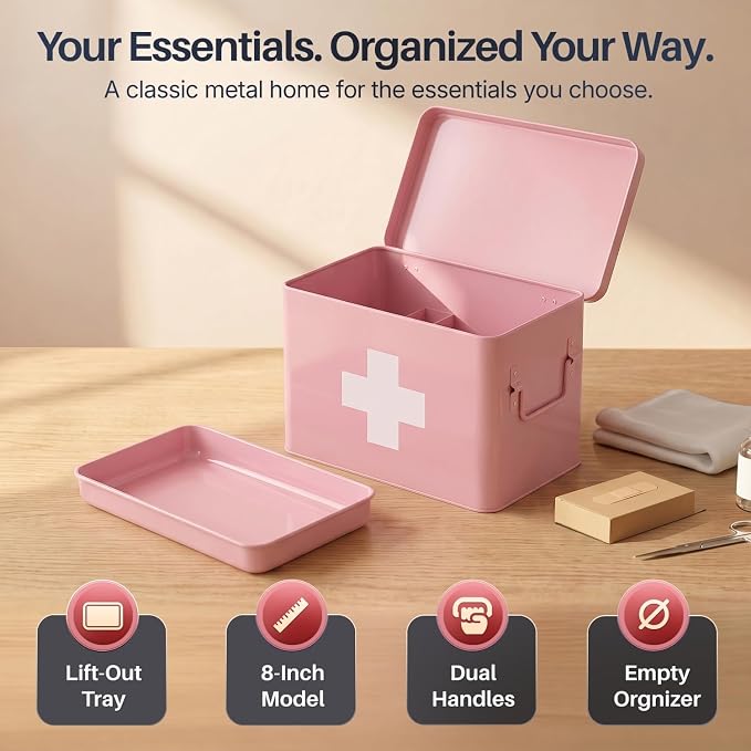 Flexzion Large Metal First Aid Box Empty, 8.5-Inch, Pink with White Cross | Vintage Medicine Box and First Aid Storage Organizer with Removable Tray and Dividers; Empty Box Only, Supplies Not Included