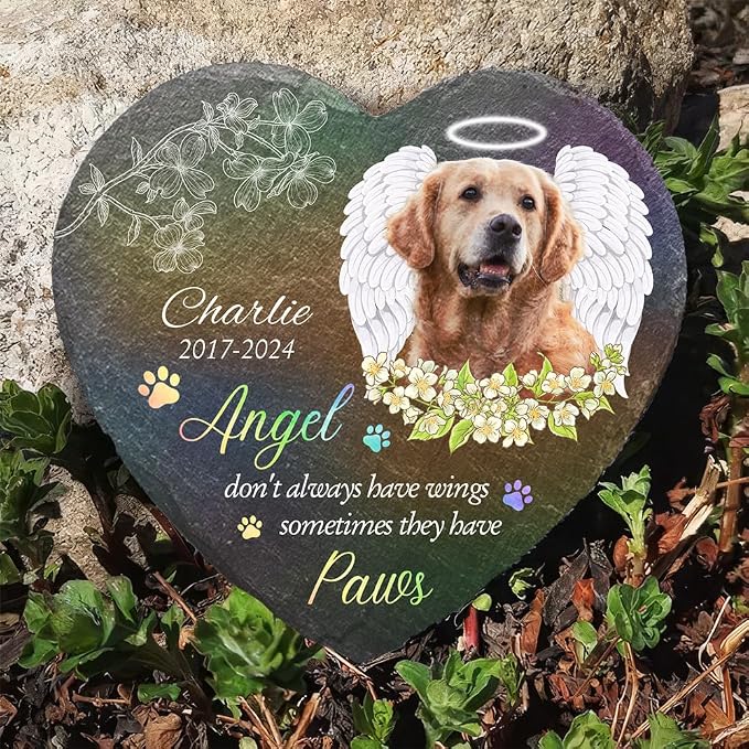 Wrappiness Pet Memorial Stone - Angels Sometimes Have Paws, Personalized Dog Memorial Gifts, Remembrance Condolences Bereavement Gifts for Loss of Pet Custom Photo (Heart 07, Stone with Stand)