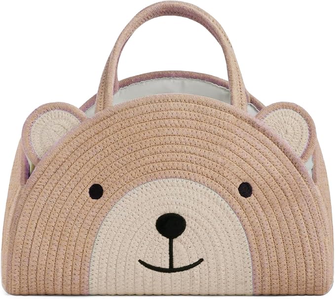 Lmbabter Baby Diaper Caddy Cotton Rope Diaper Organizer Basket Rainbow Theme Nursery Storage Bin Daypack Car Travel (Khaki Bear)
