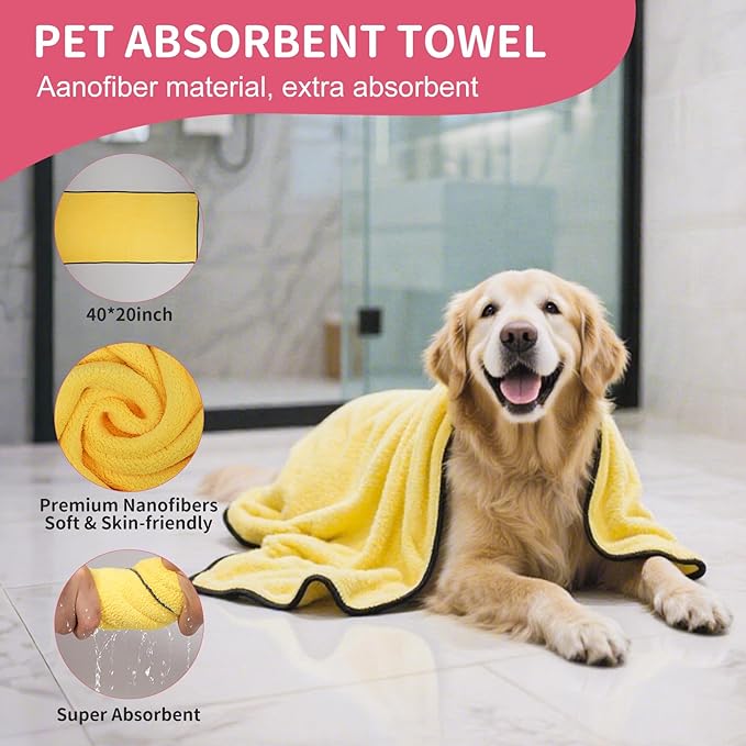 6PCS Pet Bath Grooming Kit for Dogs and Cats, Dog Washing Set with Hair Brush, Shampoo Scrubber, Bath Gloves, Quick Dry Towel & Large Storage Bag, Pink Pet Shower Grooming Supplies