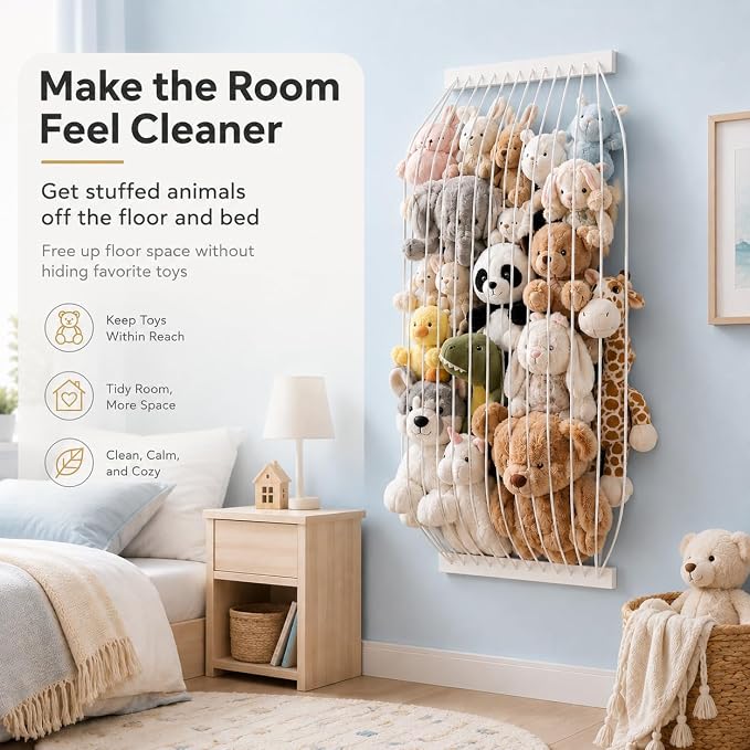 Stuffed Animal Storage Wood Soft Toy Storage for Kids Room，Wall Mount Door Hanging Stuffed Animal Toy Organizer Shelf for Nursery Play Room White -Patent