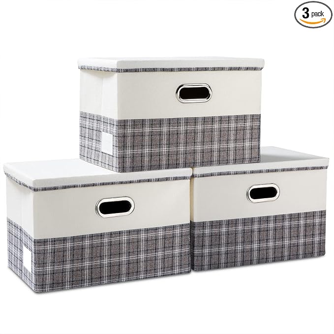 Large Collapsible Storage Bins with Lids [3-Pack] Fabric Foldable Storage Boxes Organizer Containers Baskets Cube with Cover for Home Bedroom Closet Office Gray plaid & Cream(17.7x11.8x11.8)