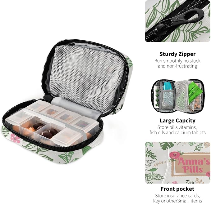 Custom Pill Box 7 Day Pill Case Bag Leaves Flowers Personalized Name Travel Pill Organizer Bag with Zipper Portable Weekly Case Compact Size for Vitamin Supplement Holder