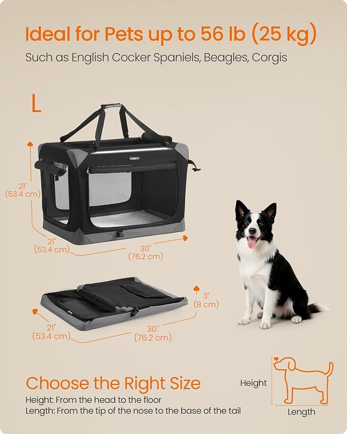 Feandrea Collapsible Dog Crate, Portable Oxford Fabric Pet Travel Crate with 4 Mesh Doors, Handles, Pocket, 30 Inches, for Medium Dogs, Ink Black and Dove Gray UPDC027BH01