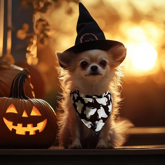 Halloween Dog Bandanas Black Ghost Spooky Costumes,7-30lbs Pets