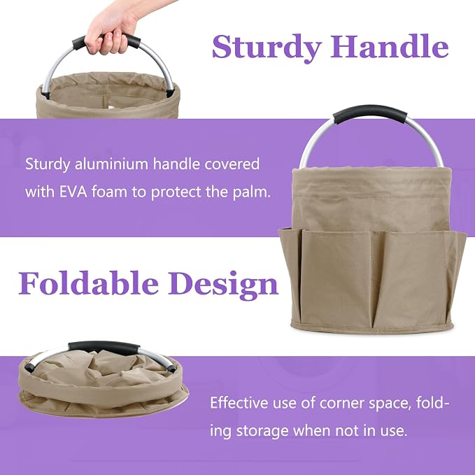 17L Cleaning Supply Caddy with Soft Handle, Portable Shower Caddy in 600D Oxford Fabric, Garden Tool Organizer Bag, Multifunctional Storage Basket for Bathroom, Garden, Khaki