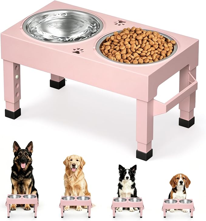 Elevated Dog Bowls Stand Large Breed, Height Adjustable Raised Dog Bowls Holder with 2 Stainless Steel Food Bowls for Small, Medium and Large Canine，Pink
