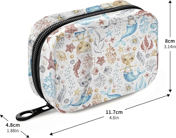 Watercolor Cat Mermaid Pill Box 7 Day Pill Case Travel Pill Organizer Bag with Zipper Portable Weekly Case Compact Size for Vitamin Supplement Holder
