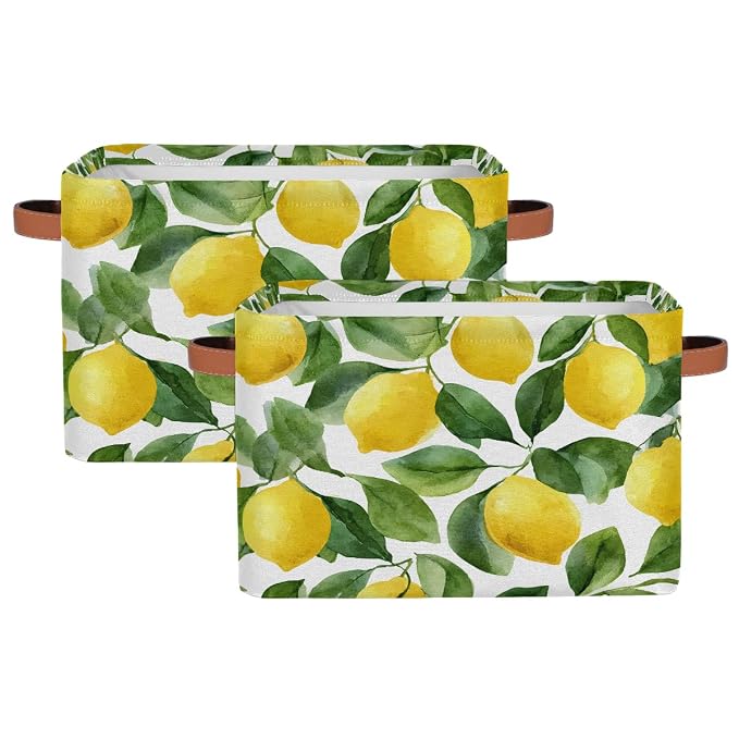 SEULIFE Watercolor Lemon Tree Leaves Foldable Storage Basket, Large Collapsible Organizer Storage Bin Cube Toys Storage Boxes with Handles for Bathroom Kids Nursery Closet Storage, 2 Pack